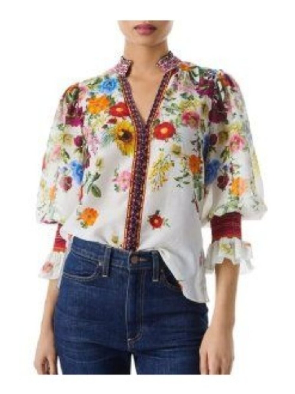 Alice + Olivia Ilan Smocked Gathered Floral Print Blouse Large